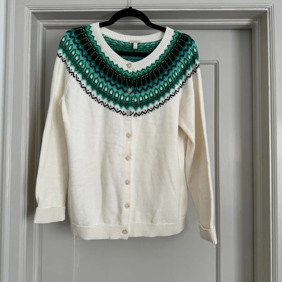 Talbots Sweaters - Talbots 100% cotton green and cream fair isle button cardigan sweater size L